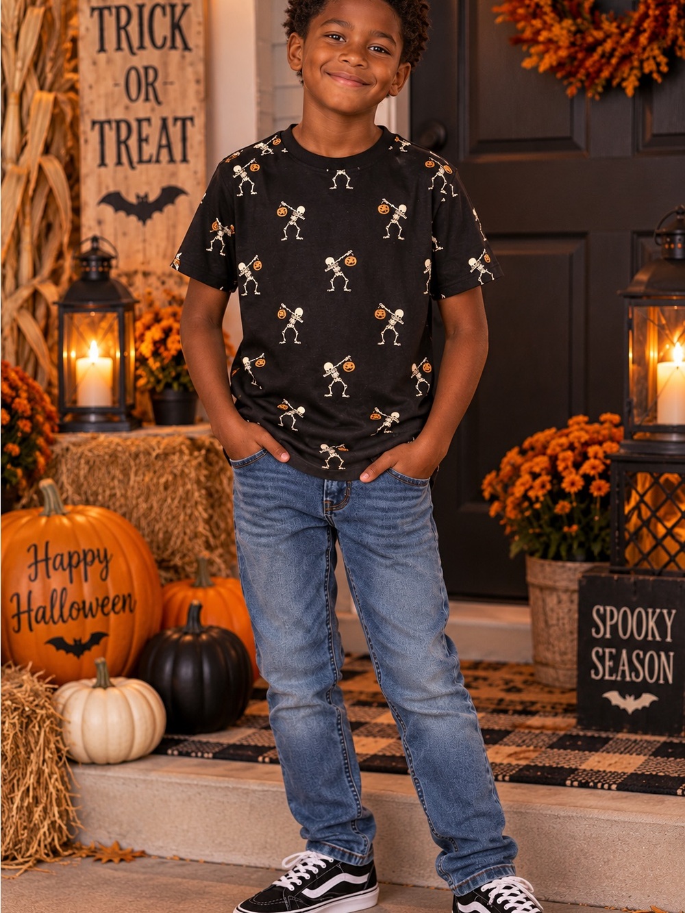 Denim & Flower Black Halloween Skeleton Pumpkin Tee